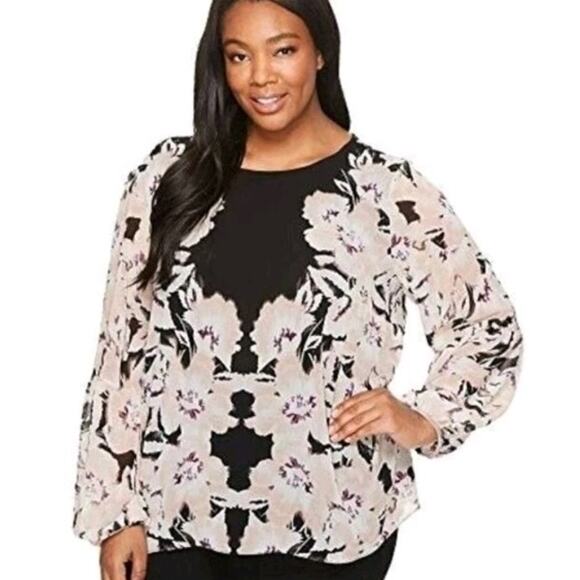 Calvin Klein Women's M Floral Chiffon Blouse Peasant Top Black Long Flowy Sleeve - Picture 2 of 12